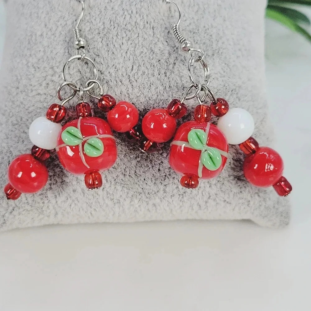 Christmas Art Glass Earrings Green Holly Present Red White Ornaments Pie…